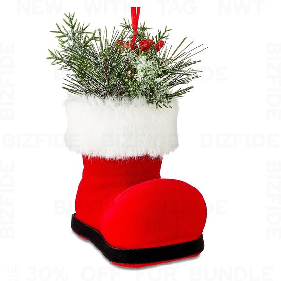 Floral Santa Boot Christmas Ornament With Realistic Greenery & Snow - Picture 2 of 5